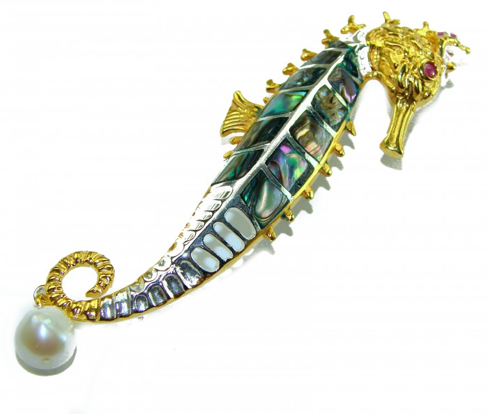 Precious SeaHorse Natural Rainbow Abalone Ruby 14K Gold over .925 Sterling Silver handmade Pendant Brooch - Side view of seahorse brooch with abalone, ruby, and 14K gold finish.