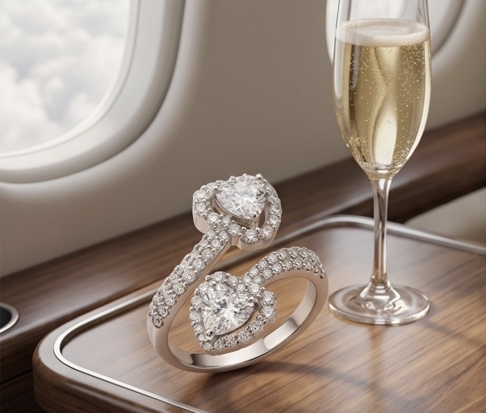 Endless Love Luxurious 4.5 carat White Topaz .925 Sterling Silver Solid Infinity ring size 7 3/4 - Close-up of Endless Love ring with champagne on an airplane table.