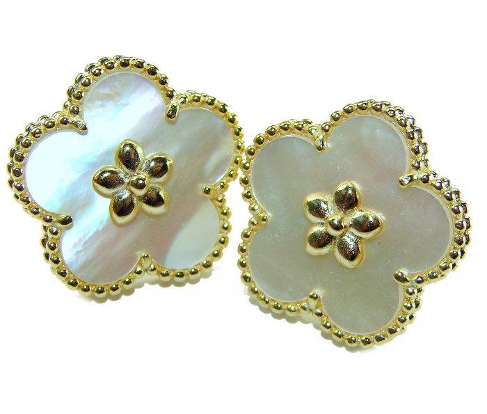 Genuine Blister Pearl 14K Gold over .925 Sterling Silver handcrafted Statement Earrings - Close-up of flower-shaped blister pearl earrings with gold trim.