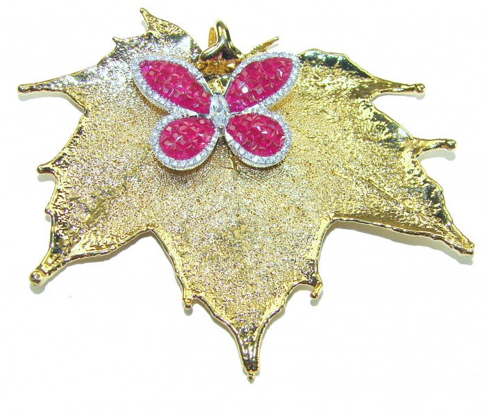 Rain Drop REAL Leaf dipped in Sterling Silver and 14K Ruby & .925 Sterling Silver Pendant - Butterfly on gold-dipped leaf pendant, top view.