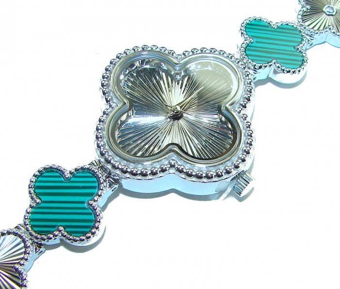 Precious Lucky Four Leaf Clover Authentic Malachite .925 Sterling Silver handmade Bracelet Watch - Clover-shaped watch face and band detail in close-up view.
