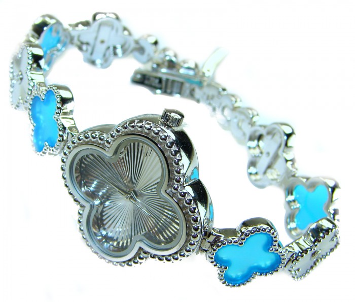 Precious Authentic inlay BLUE TOPAZ .925 Sterling Silver handmade Bracelet Watch - Side view of blue topaz clover bracelet with silver details.