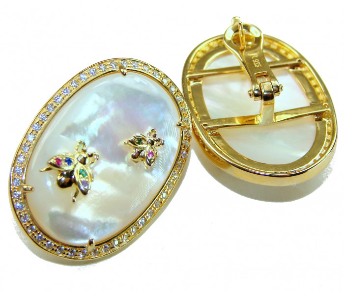 Genuine Blister Pearl lab grown Diamond 18K Gold over .925 Sterling Silver handcrafted Large Statement Earrings - Genuine Blister Pearl earrings, front and clasp detail, 18K Gold, lab diamonds.