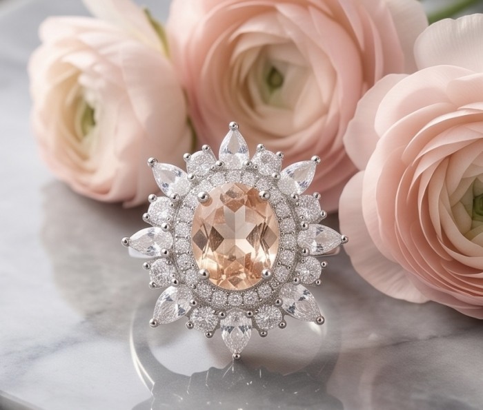 Isabella Authentic oval cut 4.8 carat Morganite .925 Sterling Silver ring s. 7 - Morganite ring front view with floral accents and soft pink petals background