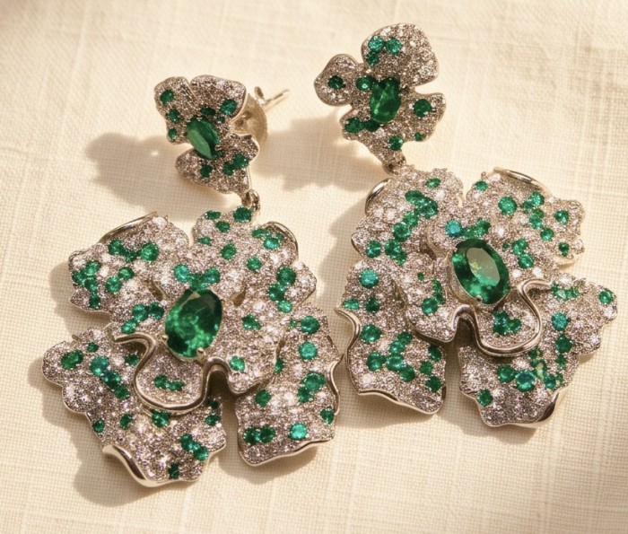 Spectacular - Floral design 8.8 carat Colombian Emerald .925 Sterling Silver dipped in rhodium handmade Statement Earrings - Floral earrings with emeralds and diamonds, top view.