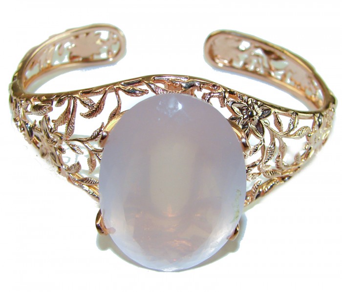 Vintage Beauty Genuine 49.2 carat Brazilian Rose Quartz Rose quartz 18K Gold over .925 Sterling Silver handcrafted Bracelet / Cuff - Rose gold bracelet with large rose quartz, top view.