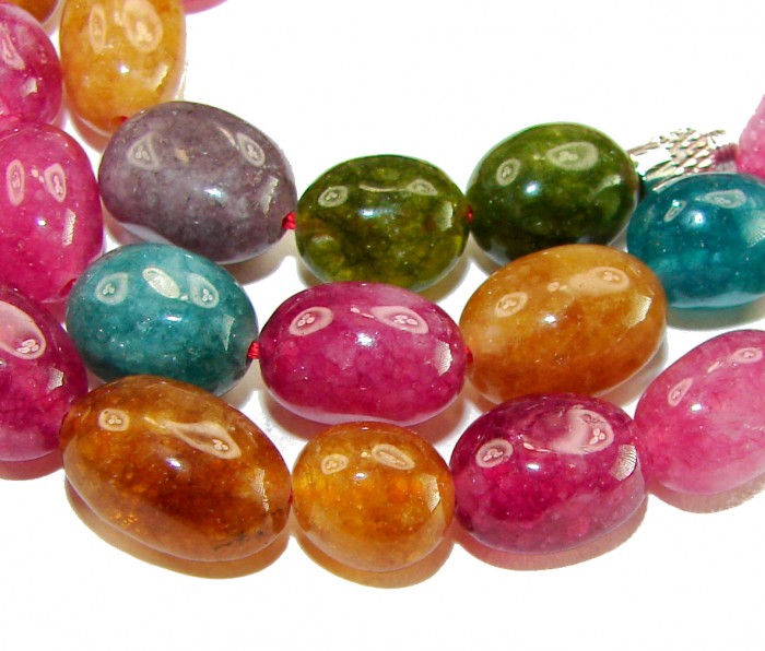 Infinity authentic 79.5 carat Brazilian Tourmaline .925 Sterling Silver handcrafted necklace - Close-up of Brazilian tourmaline beads, colorful and polished.