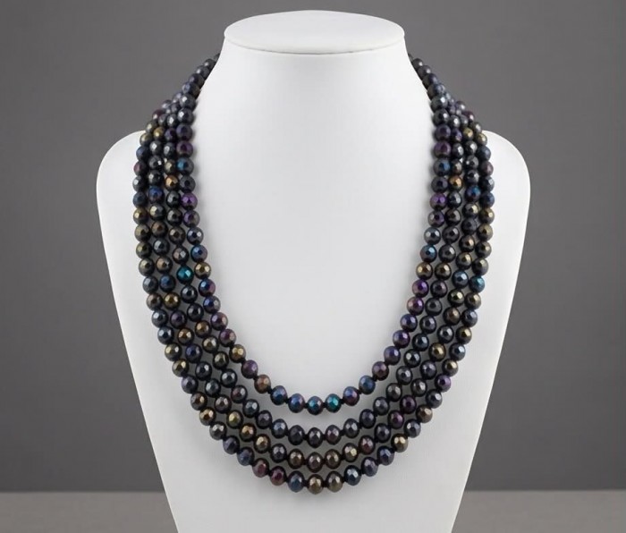 Bohemian Style Huge Genuine 80 inches Titanum Druzy handmade necklace - Multi-strand Druzy necklace on display bust, front view.