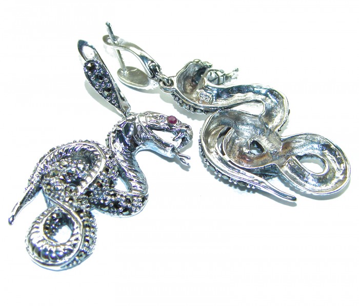 Two Cobras Ruby Marcasite .925 Sterling Silver handcrafted Earrings - photo 1