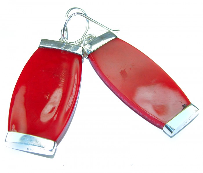 Large Genuine Red Fossilized Coral .925 Sterling Silver handmade earrings - photo 2
