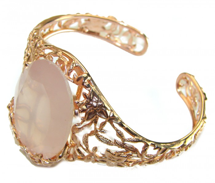 Incredible Genuine 52.2 carat Brazilian Rose Quartz Rose Quartz .925 Sterling Silver handcrafted Bracelet / Cuff - Ornate rose quartz bracelet, side view, floral design, 52.2 carat.
