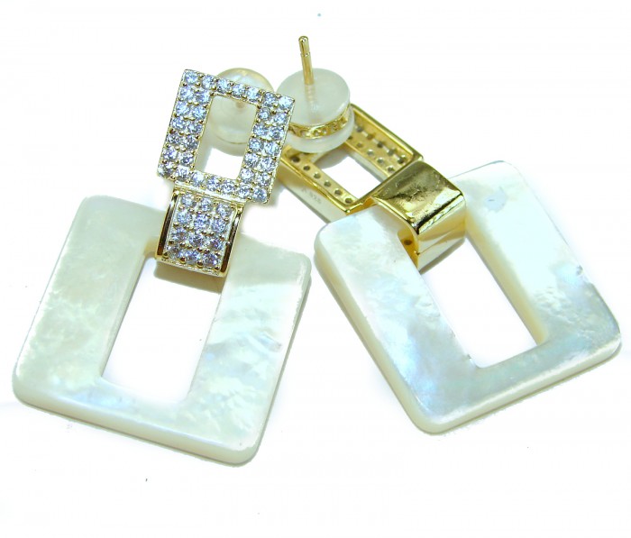 Sublime Blister Pearl White Sapphire 18K Gold over .925 Sterling Silver handcrafted Earrings - Close-up of rectangular pearl and sapphire earrings with gold accents.