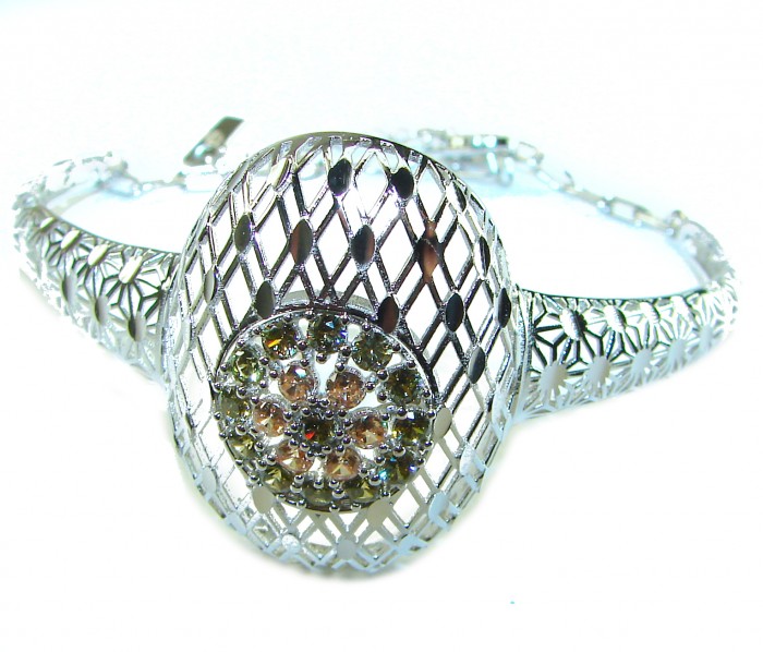 Aphrodite - Solid 4.5 multicolor Sapphire .925 Sterling Silver handcrafted Bracelet - Top view of bracelet with multicolor sapphire and lattice design