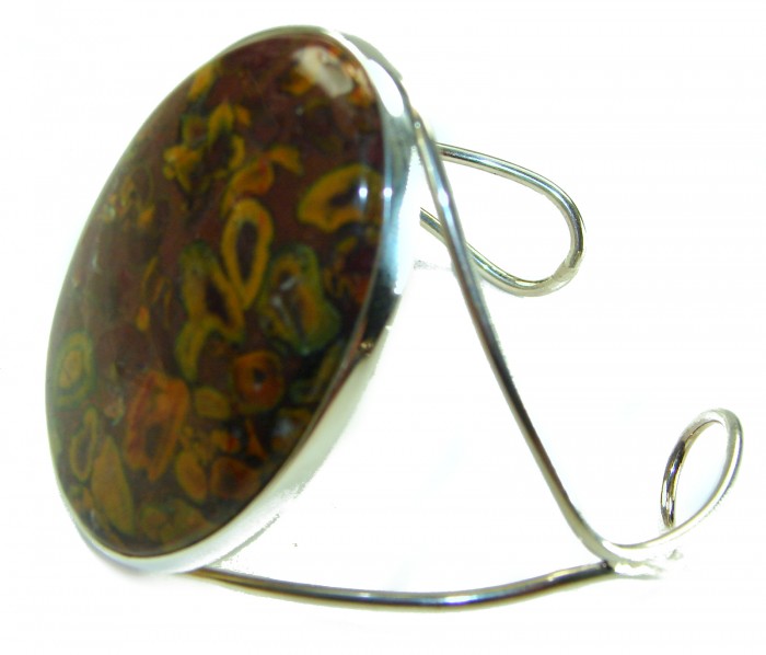 Excellent quality Leopard Skin Jasper .925 Sterling Silver handcrafted Statement Bracelet / Cuff - Side view of Leopard Skin Jasper in .925 Sterling Silver setting.
