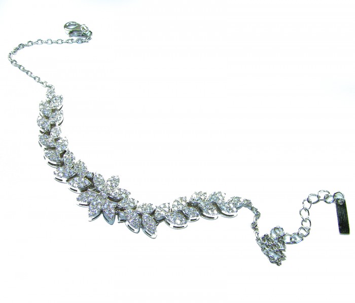 Gabriella 6.7 carat authentic White Topaz rhodium over .925 Sterling Silver handcrafted Statement Bracelet - White Topaz bracelet, overhead view, showing design and clasp detail.