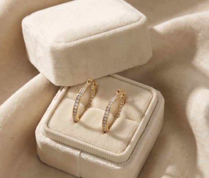 Dubai Style - .925 Sterling Silver dipped in 22K Gold handmade Large Earrings - Gold hoop earrings with diamonds in a jewelry box, top view