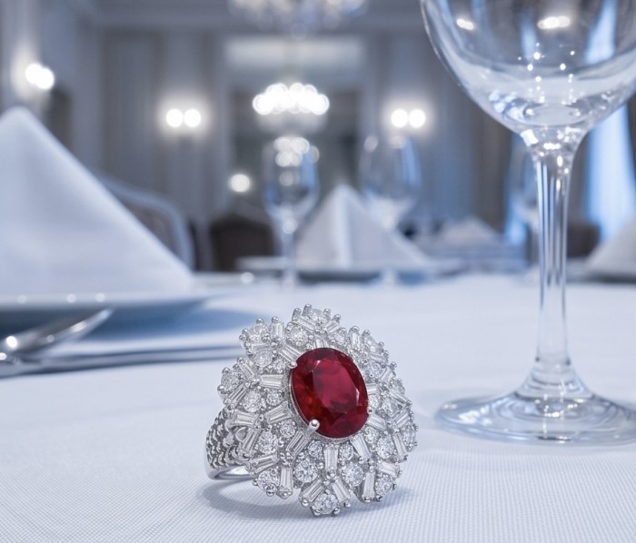 Rosalia 4.2 carat authentic Ruby .925 Sterling Silver handcrafted incredible ring s. 8 - Close-up of Rosalia Ruby ring on elegant table setting