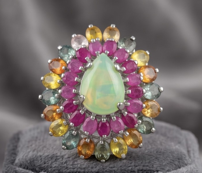 Royal quality genuine Prehnite rhodium over .925 Sterling Silver handcrafted .925 Sterling Silver handcrafted ring s. 6 3/4 - Close-up of multicolored gemstone ring with central Prehnite stone.