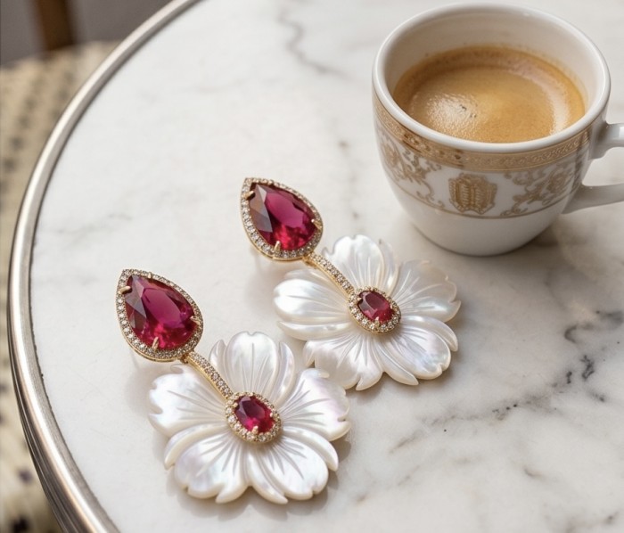 Summer Flowers Blister Pearl Red Topaz 14K Gold over .925 Sterling Silver handcrafted Earrings - Earrings on table; blister pearl with red topaz near coffee cup.