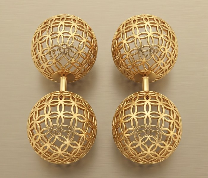Black Label Collection - golden spheres - Dubai Style - Natural 22K Gold over .925 Sterling Silver handmade earrings - Front view of intricate golden sphere earrings with floral patterns.