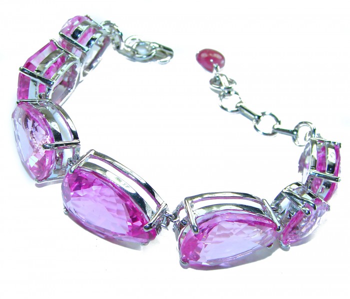 Tiffany - Magnificent Pink 125.5 carat Pink Sapphire .925 Sterling Silver handcrafted Heavy Bracelet - Close-up of Tiffany pink sapphire bracelet with silver settings