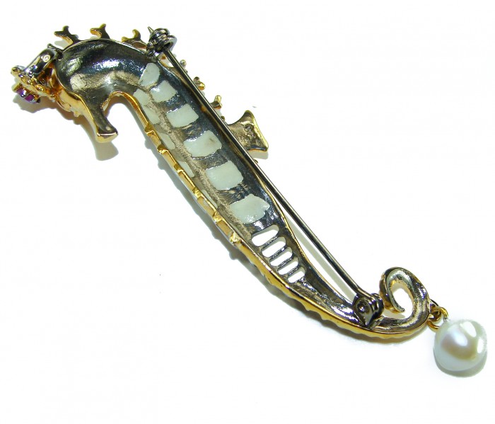Precious SeaHorse Natural Rainbow Abalone Ruby 14K Gold over .925 Sterling Silver handmade Pendant Brooch - Side view of seahorse brooch with abalone, ruby, and pearl detail.