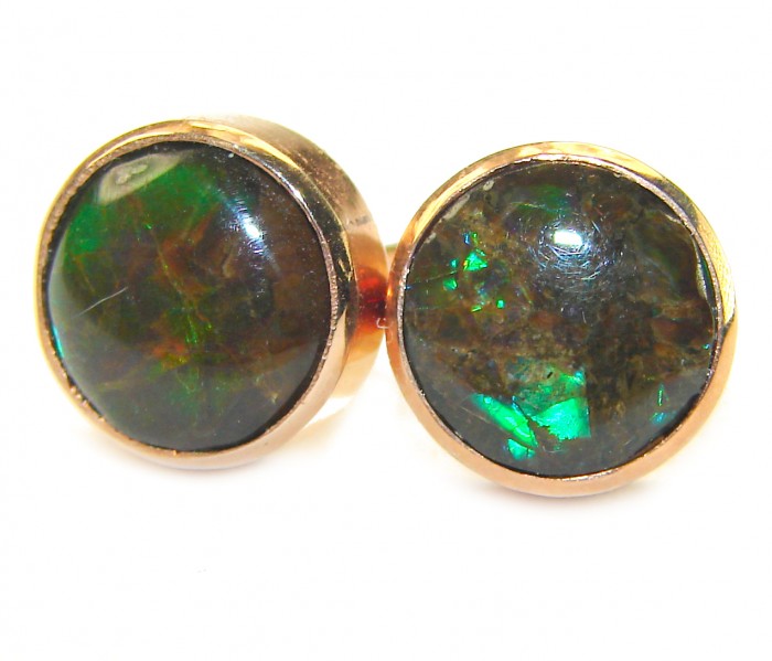 Sublime Aura Canadian Fire Ammolite 14K Gold over .925 Sterling Silver handmade earrings - Close-up of Sublime Aura Ammolite earrings in 14K gold over sterling silver.