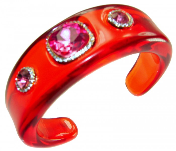 Candy Store - Modern Design Natural Red Raisin Pink Topaz .925 Sterling Silver bracelet - Red resin bangle with pink topaz, top view, vibrant modern design.