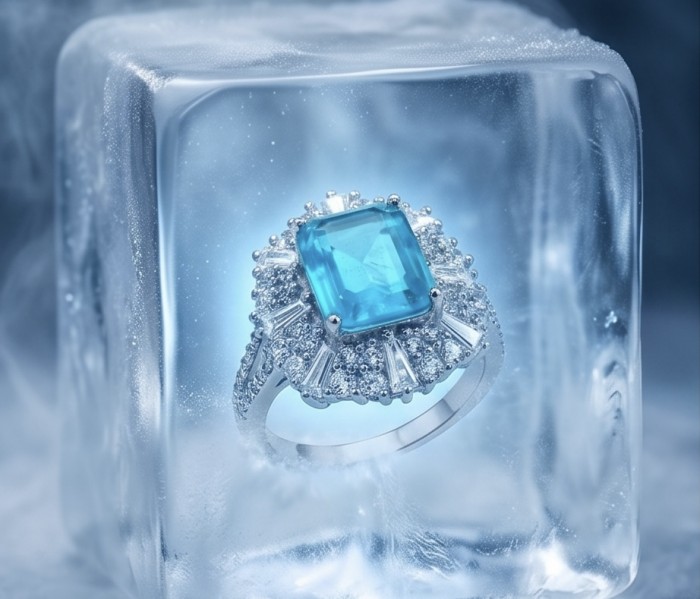 Eau Pure 7.5 carat Paraiba Tourmaline .925 Sterling Silver Handcrafted Ring size 8 1/4 - Paraiba tourmaline ring in ice, close-up front view.