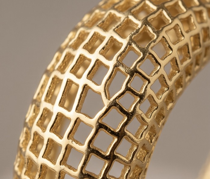 Dubai Style - .925 Sterling Silver dipped in 22K Gold handmade Earrings - Close-up of gold mesh-pattern jewelry in Dubai style design.