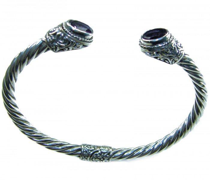 Heavy and Solid authentic 10.2 carat Amethyst .925 Sterling Silver handcrafted hinged cuff bracelet - Amethyst .925 sterling bracelet, top view showing detailed ends.