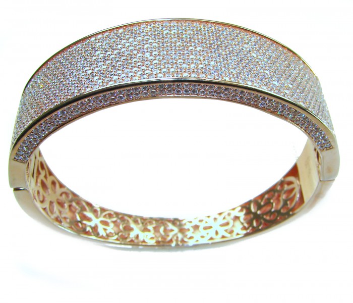 Tiffany Genuine 36.5 carat White Topaz Rose Gold over .925 Sterling Silver handcrafted Statement bracelet - Rose gold bracelet with white topaz, top view showing detailed inlay design.