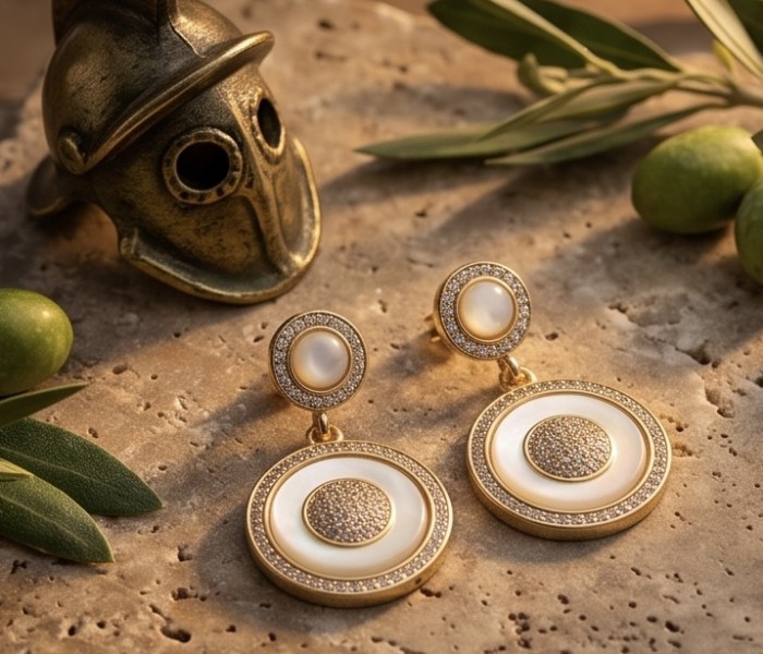Luxurious Genuine Blister Pearl 0.4 CARAT lab grown Diamond 18K Gold over .925 Sterling Silver handcrafted Statement Earrings - Luxurious pearl earrings with diamond, side view on stone surface.