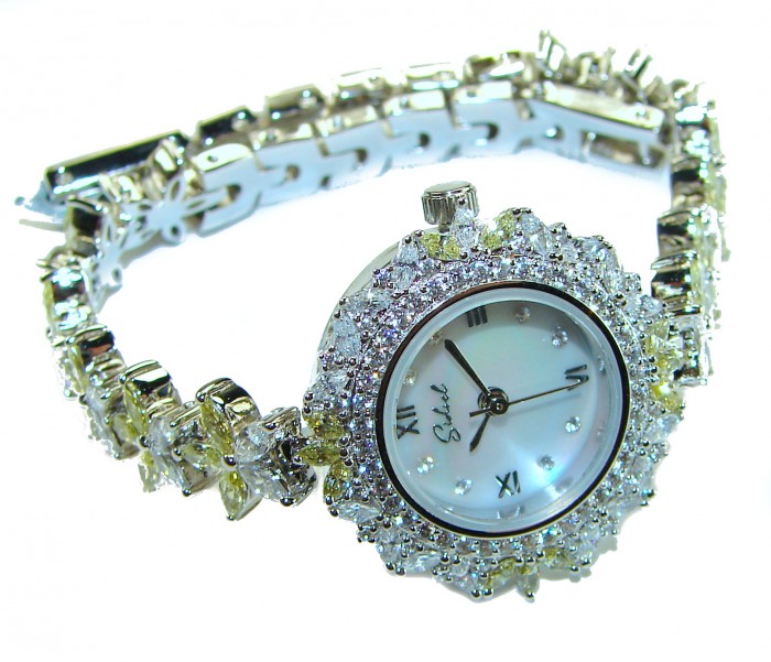 Precious 108.8 carat natural Peridot White Topaz .925 Sterling Silver handmade Bracelet - Watch - Elegant watch with gems, front view showcasing face and bracelet design.