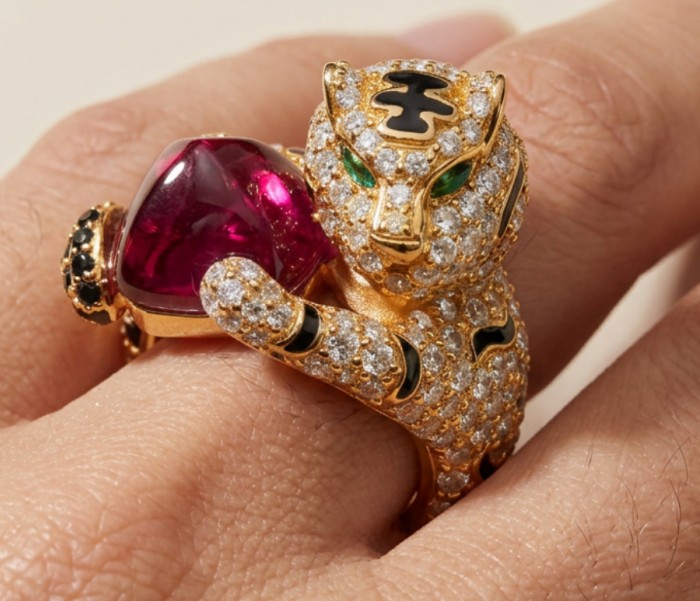 GEPHARD Genuine 10.5 CARAT Ruby black enamel .925 Sterling Silver dipped in 22K Gold Large Statement Ring size 6 1/4 - Close-up of GEPHARD ruby and diamond ring worn on hand.