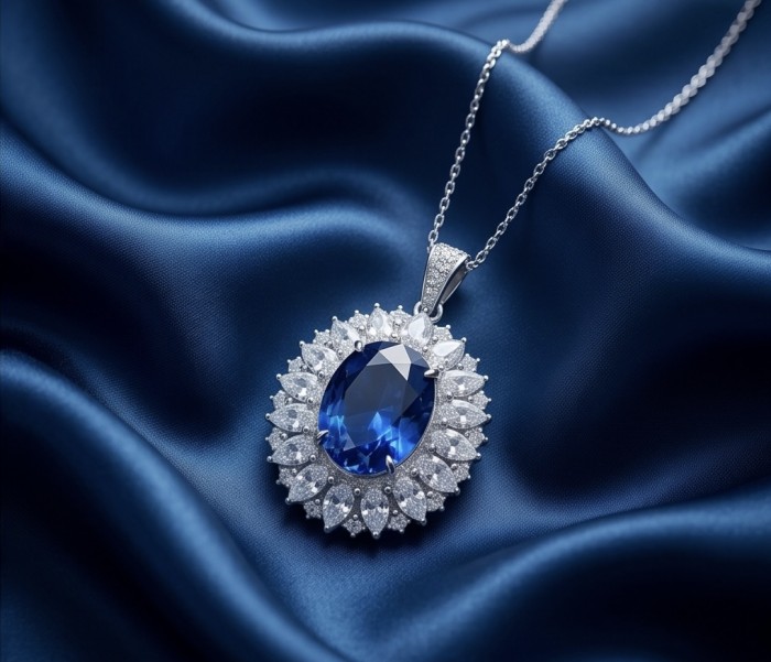 Atlantica Natural 20.7 carat African Tanzanite .925 Sterling Silver handcrafted Necklace - Pendant on blue silk showcasing Tanzanite stone and diamond halo design
