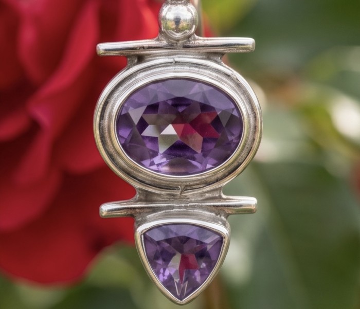 Natural 7.6 carat fancy Amethyst .925 Sterling Silver handmade earrings - Close-up of natural amethyst in sterling silver setting.