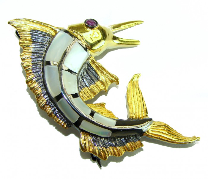 Precious Fish Natural Rainbow Abalone Ruby 14K Gold over .925 Sterling Silver handmade Pendant Brooch - Gold and abalone fish brooch with ruby eye, side view.