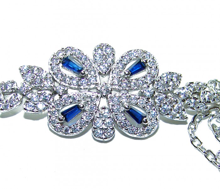 Art Deco - Precious genuine 4.9 carat Sapphire .925 Sterling Silver handcrafted Bracelet - Close-up of Art Deco sapphire and diamond bracelet detailing.