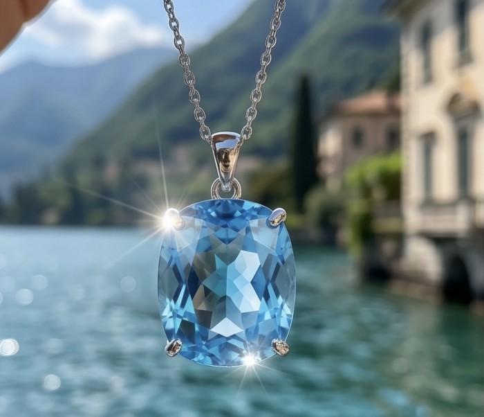 Vintage style 24.8 carat Swiss Blue Topaz .925 Sterling Silver DIPPED IN RHODIUM handmade Pendant - Close-up of vintage 24.8 ct Swiss Blue Topaz pendant on silver chain