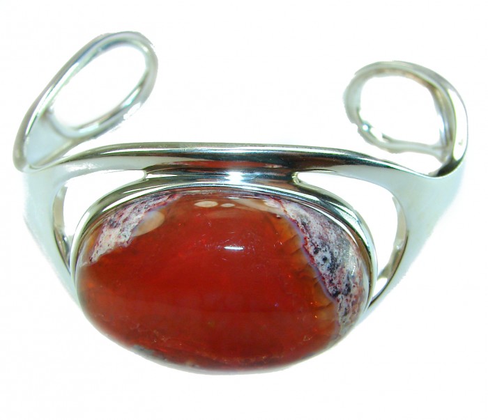 Simplicity 85.5 carat Genuine Mexican Fire Opal handcrafted .925 Sterling Silver Bracelet / Cuff - Mexican Fire Opal bracelet front view with silver setting