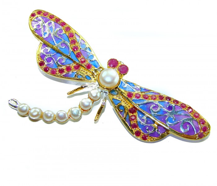 Big Dragonfly Pearl Enamel 18K Gold over .925 Sterling Silver handcrafted Pendant Brooch - Dragonfly brooch, top view, pearl body, colorful enamel wings.