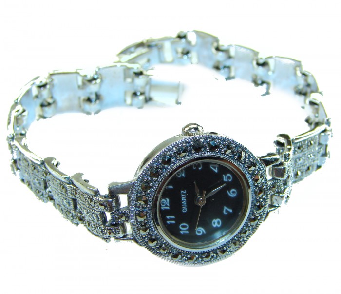 Precious 59.8 carat MARCASITE .925 Sterling Silver handmade Bracelet - Watch - Side view of marcasite sterling silver watch with ornate details