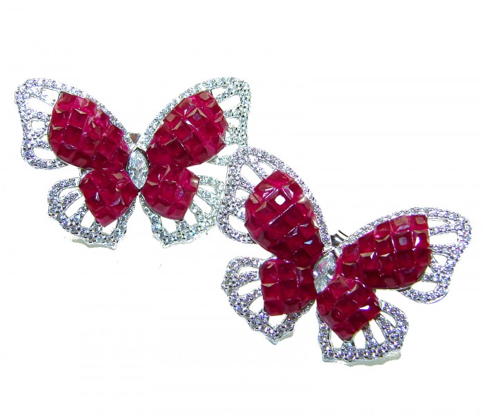 Real Beauty natural 18.9 carat Ruby Butterflies .925 Sterling Silver Large handcrafted earrings - Butterfly brooches with rubies and diamonds, top view.