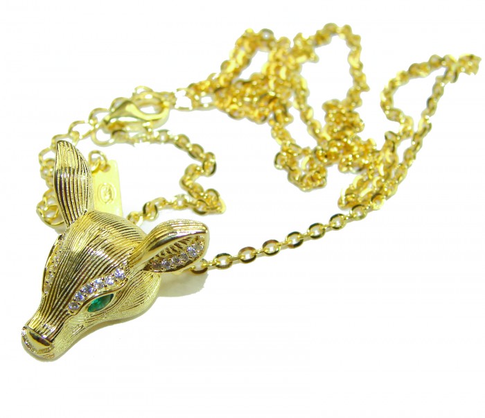 Deer'S Head 0.5 carat Emerald .925 Sterling Silver dipped in 18K Gold handmade Statement necklace - Deer's Head emerald necklace, frontal view on golden chain.