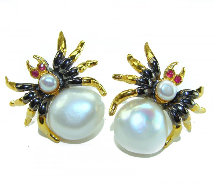 Genuine Pearl 14K Gold rhodium over .925 Sterling Silver handcrafted Statement Earrings - Spider-themed pearl earrings, front view, gold and silver detail.