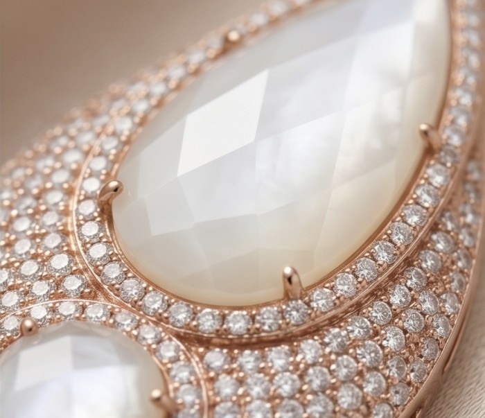 Genuine faceted Blister Pearl 18K Rose Gold over .925 Sterling Silver handcrafted Large Statement Earrings - Close-up of faceted pearl in 18K rose gold with diamond accents