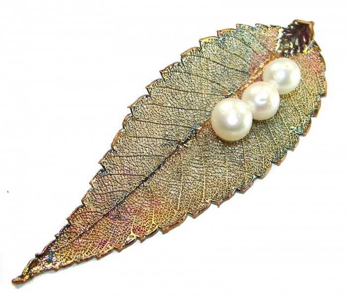 Long! REAL Leaf dipped in Sterling Silver and Gold with Pearls and 14K Gold & .925 Sterling Silver Pendant - photo 3