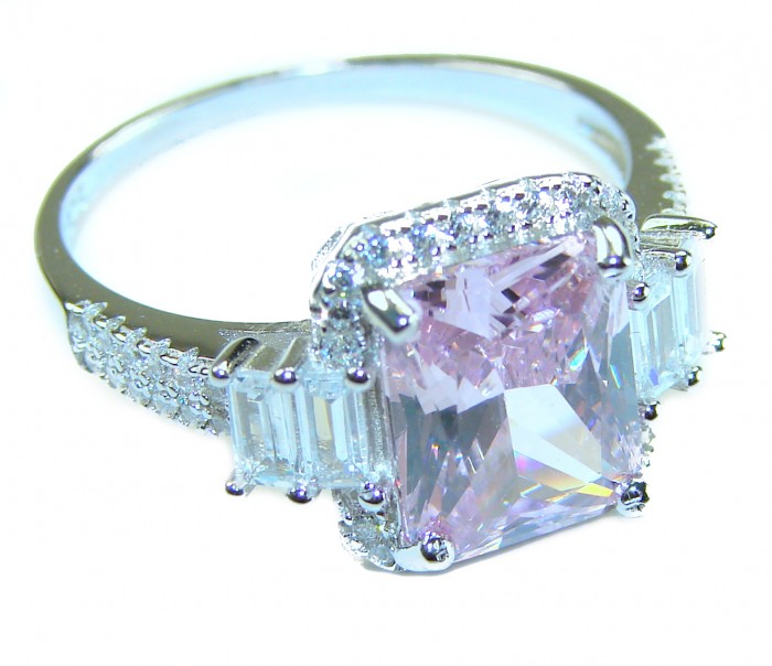Real Beauty 5.2 carat emerald cut Pink Sapphire .925 Silver handcrafted Cocktail Ring s. 8 1/4 - Close-up view of 5.2 carat emerald cut pink sapphire ring.