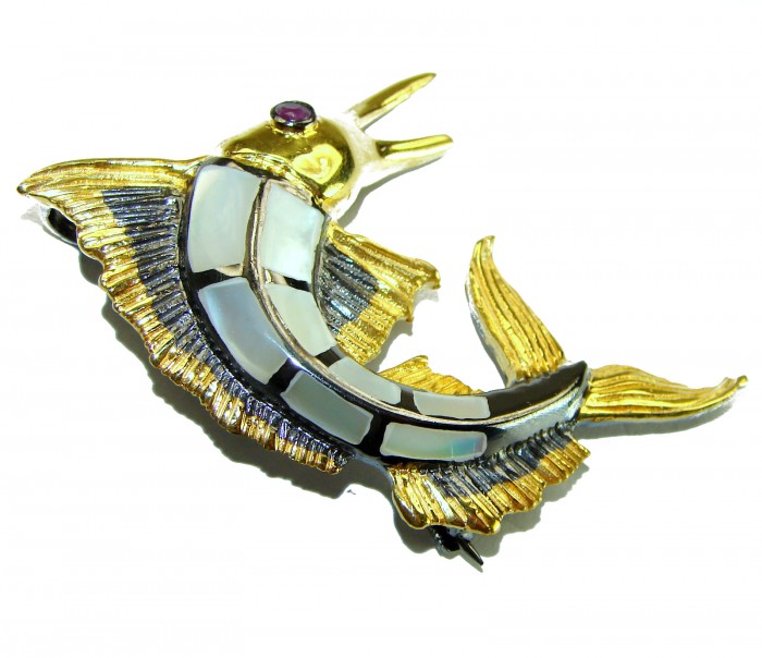 Precious Fish Natural Rainbow Abalone Ruby 14K Gold over .925 Sterling Silver handmade Pendant Brooch - Side view of fish-shaped brooch with abalone and ruby detail.